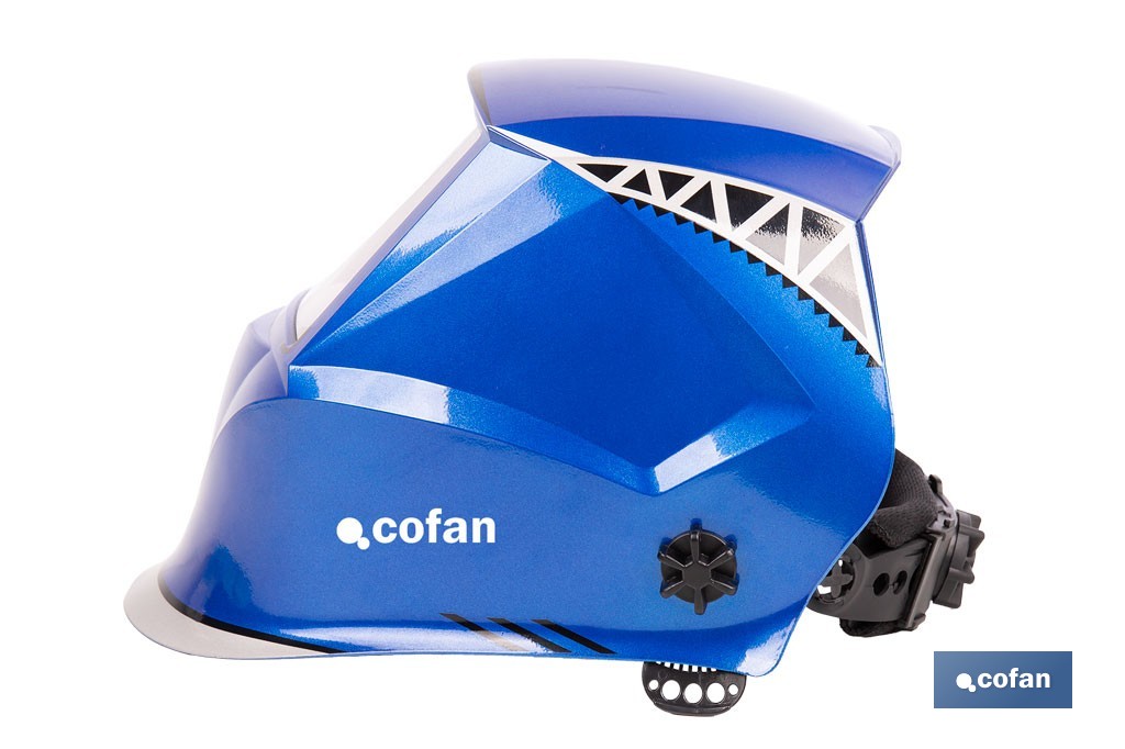 Casco de soldadura automático Blue Flying Shark | Solar, oscurecimiento automático DIN 4-9 / DIN 9-13 | 4 sensores y visor panorámico | Adecuado para soldadura tipo ARC, MIG, MAG y TIG - Cofan