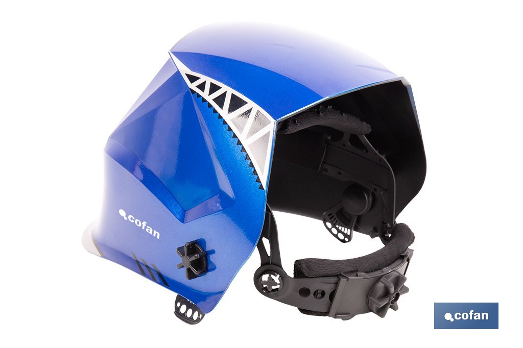 Casco de soldadura automático Blue Flying Shark | Solar, oscurecimiento automático DIN 4-9 / DIN 9-13 | 4 sensores y visor panorámico | Adecuado para soldadura tipo ARC, MIG, MAG y TIG - Cofan