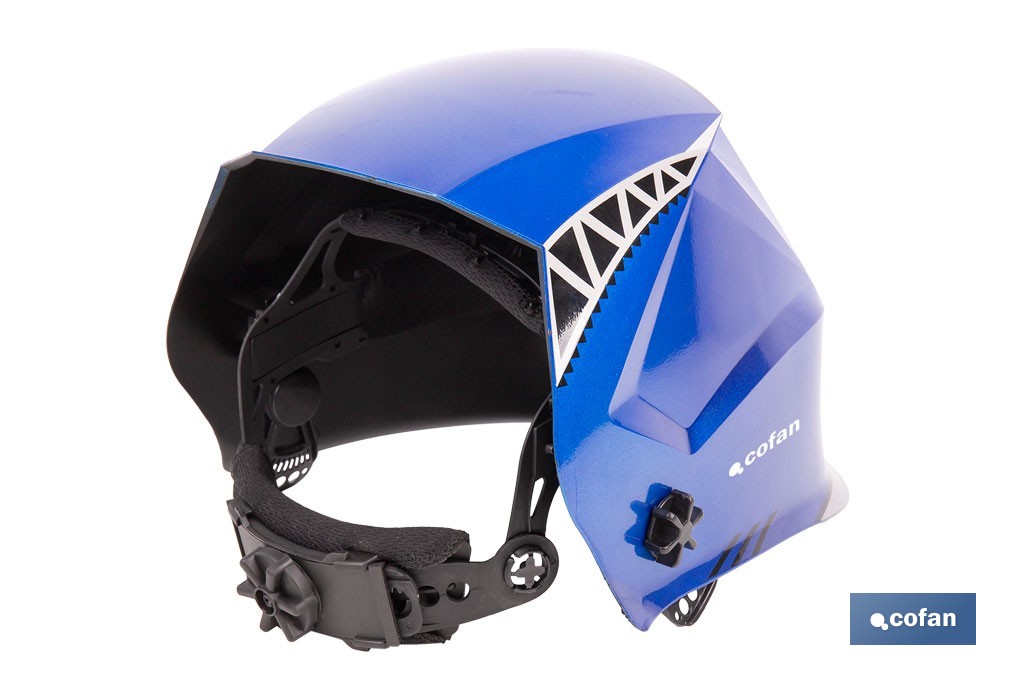 Casco de soldadura automático Blue Flying Shark | Solar, oscurecimiento automático DIN 4-9 / DIN 9-13 | 4 sensores y visor panorámico | Adecuado para soldadura tipo ARC, MIG, MAG y TIG - Cofan