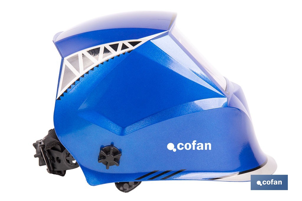Casco de soldadura automático Blue Flying Shark | Solar, oscurecimiento automático DIN 4-9 / DIN 9-13 | 4 sensores y visor panorámico | Adecuado para soldadura tipo ARC, MIG, MAG y TIG - Cofan