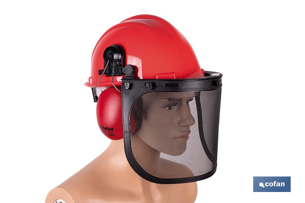 Kit forestal 4 en 1: casco rojo con protección de rostro y oídos. Protección triple certificada. - Cofan