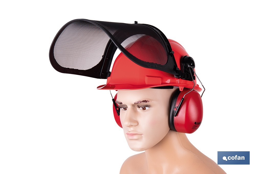Kit forestal 4 en 1: casco rojo con protección de rostro y oídos. Protección triple certificada. - Cofan