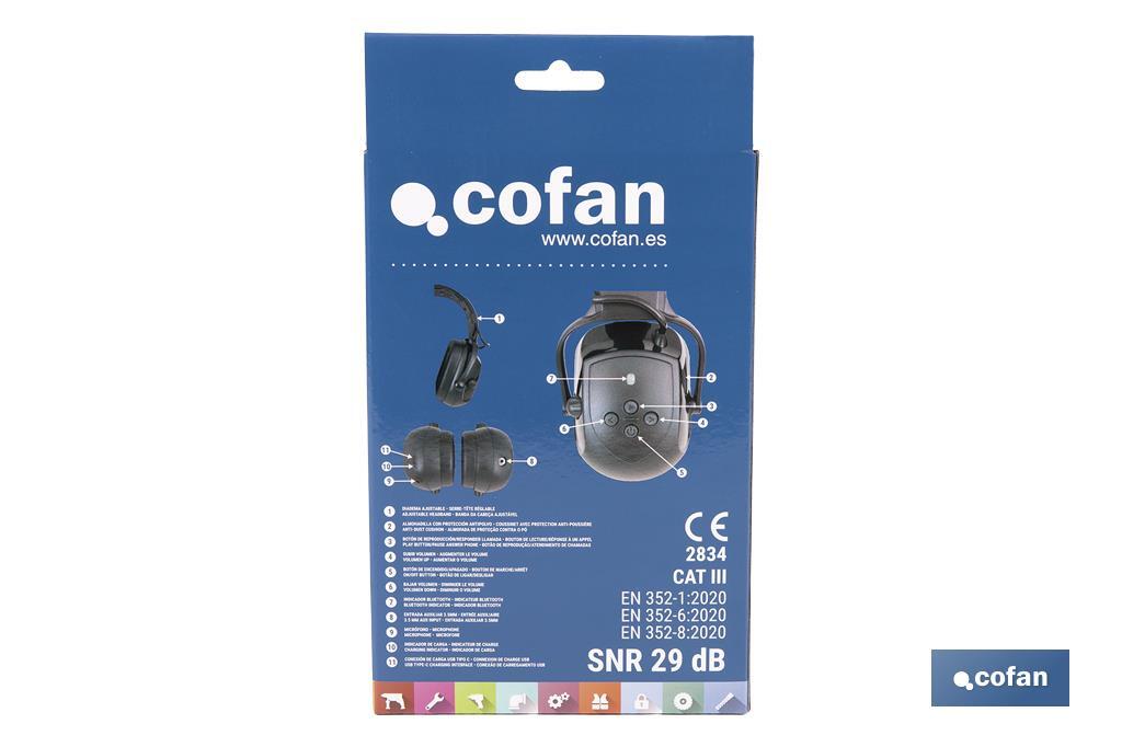 Cascos antirruido con Bluetooth | Reducción de sonido (SNR) 29 dB | Protección auditiva con micrófono y control de volumen - Cofan