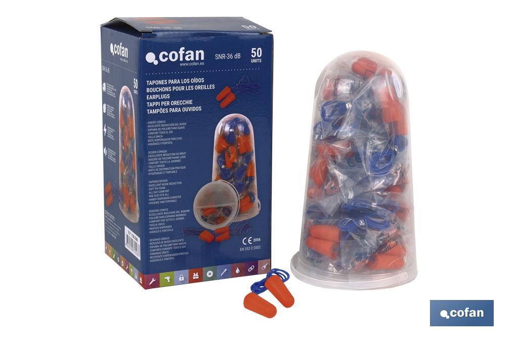 Blister de bouchons de protection auditive | Pack de 50 unités | Bouchons jetables avec cordelette de couleur orange - Cofan