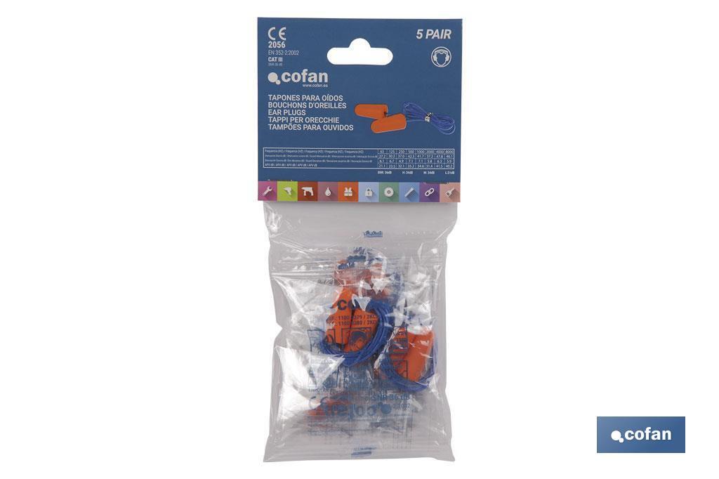 Blister de bouchons de protection auditive | Pack de 50 unités | Bouchons jetables avec cordelette de couleur orange - Cofan