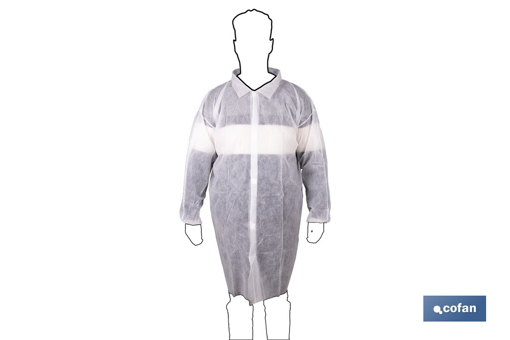 Disposable white gown | Material polypropylene | Colour: white | Hook and loop fastener and elastic cuffs | One size fits all - Cofan