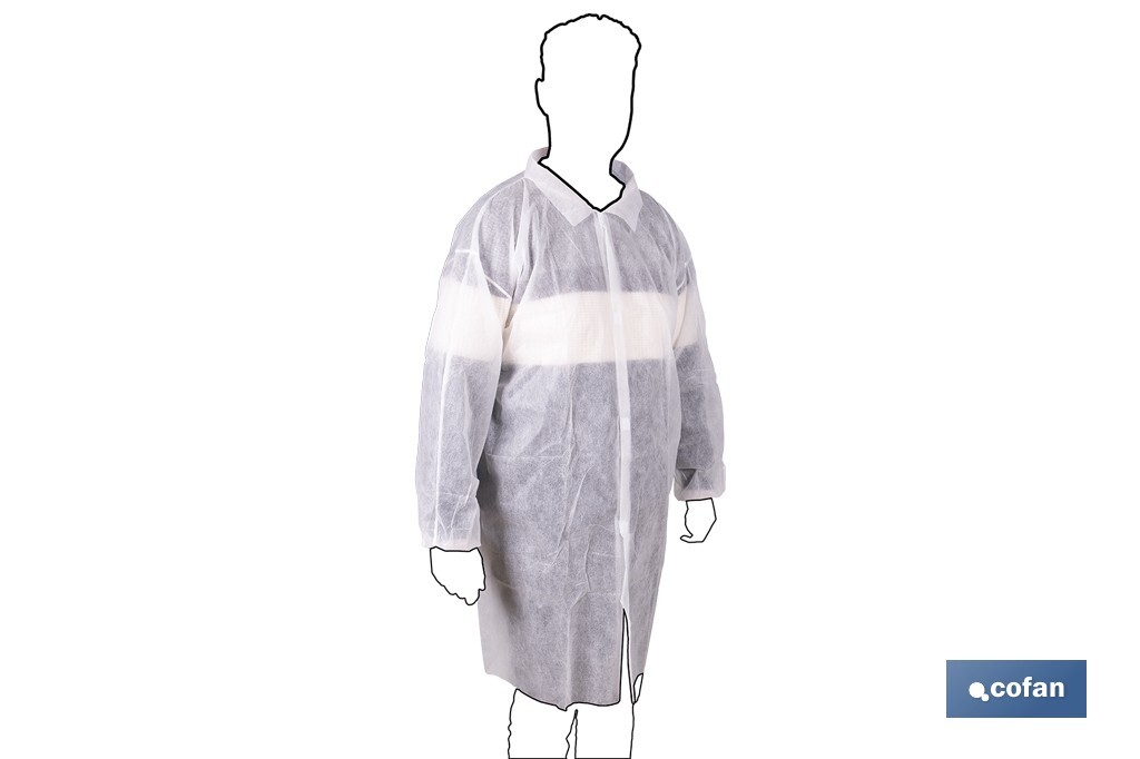 Disposable white gown | Material polypropylene | Colour: white | Hook and loop fastener and elastic cuffs | One size fits all - Cofan