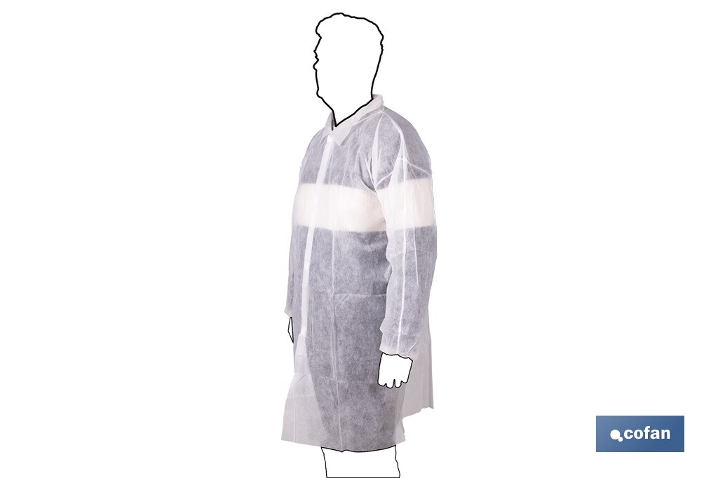 Disposable white gown | Material polypropylene | Colour: white | Hook and loop fastener and elastic cuffs | One size fits all - Cofan