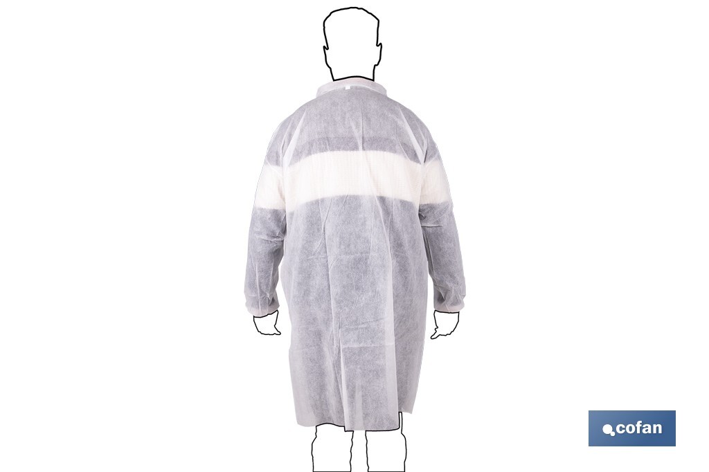 Disposable white gown | Material polypropylene | Colour: white | Hook and loop fastener and elastic cuffs | One size fits all - Cofan