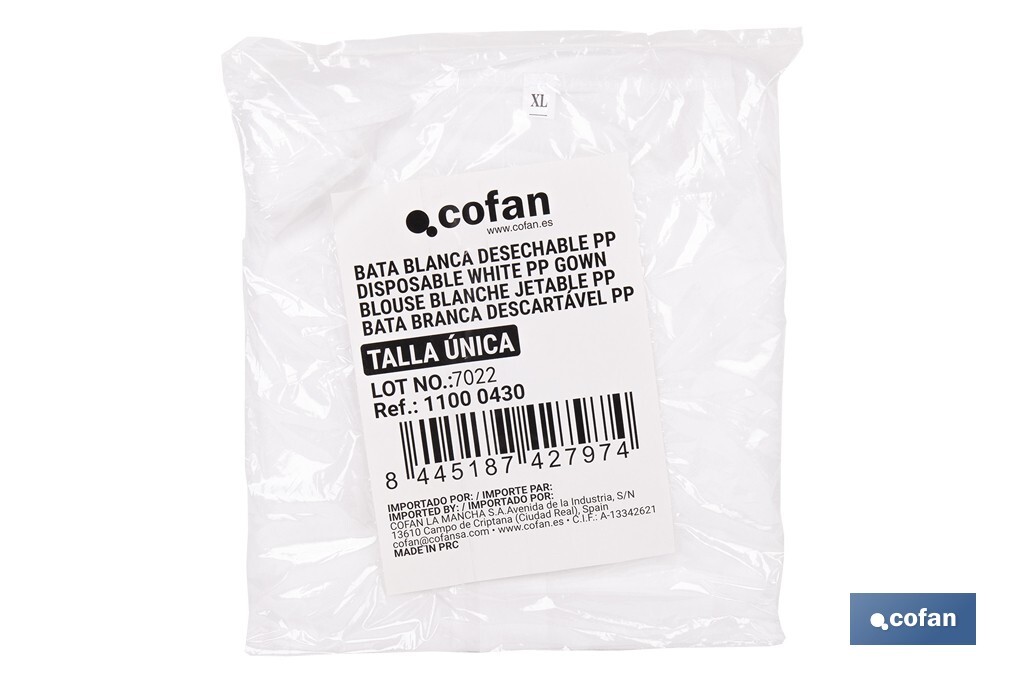 Disposable white gown | Material polypropylene | Colour: white | Hook and loop fastener and elastic cuffs | One size fits all - Cofan