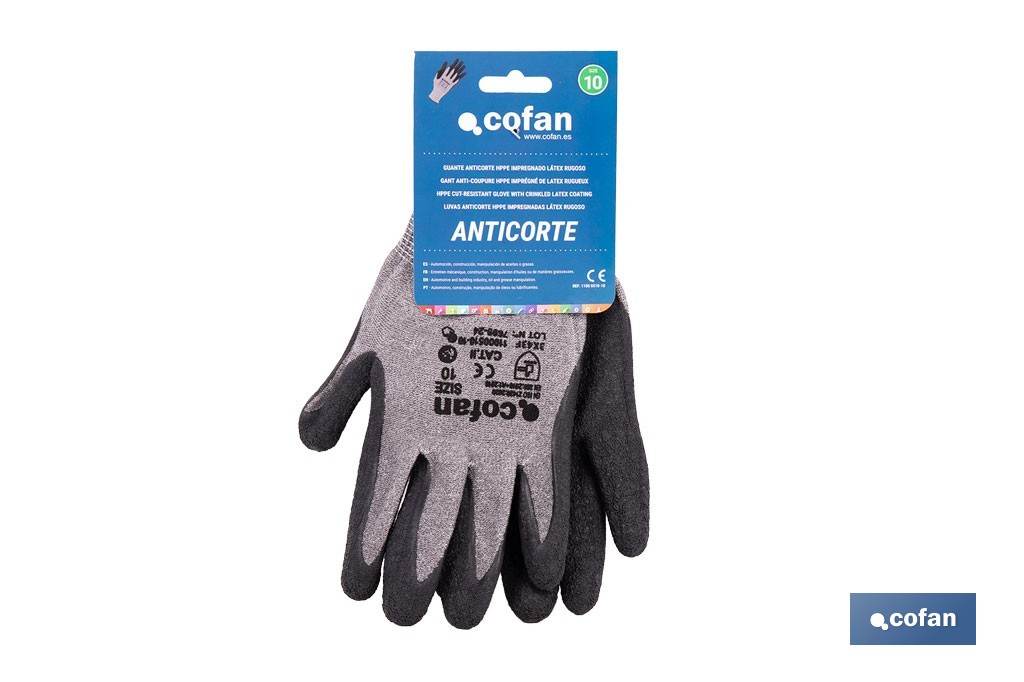 Guantes mecánicos anticorte con recubrimiento de látex rugoso | Conforme con EN 388:2016 | Disponible desde la talla 6 hasta la 10 - Cofan