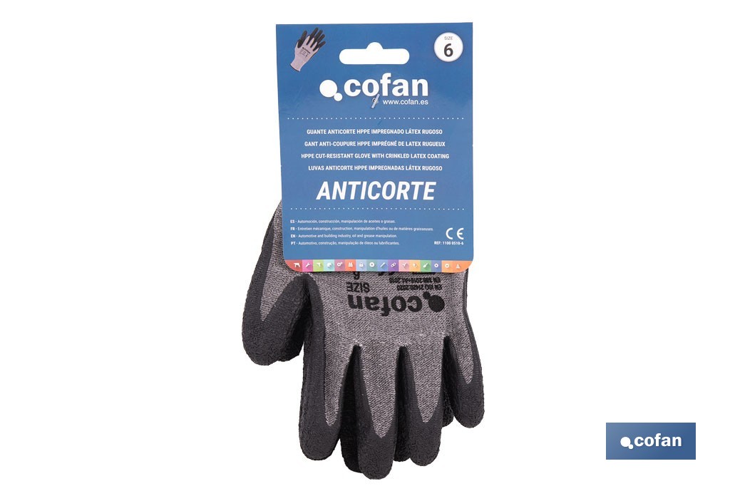 Guantes mecánicos anticorte con recubrimiento de látex rugoso | Conforme con EN 388:2016 | Disponible desde la talla 6 hasta la 10 - Cofan
