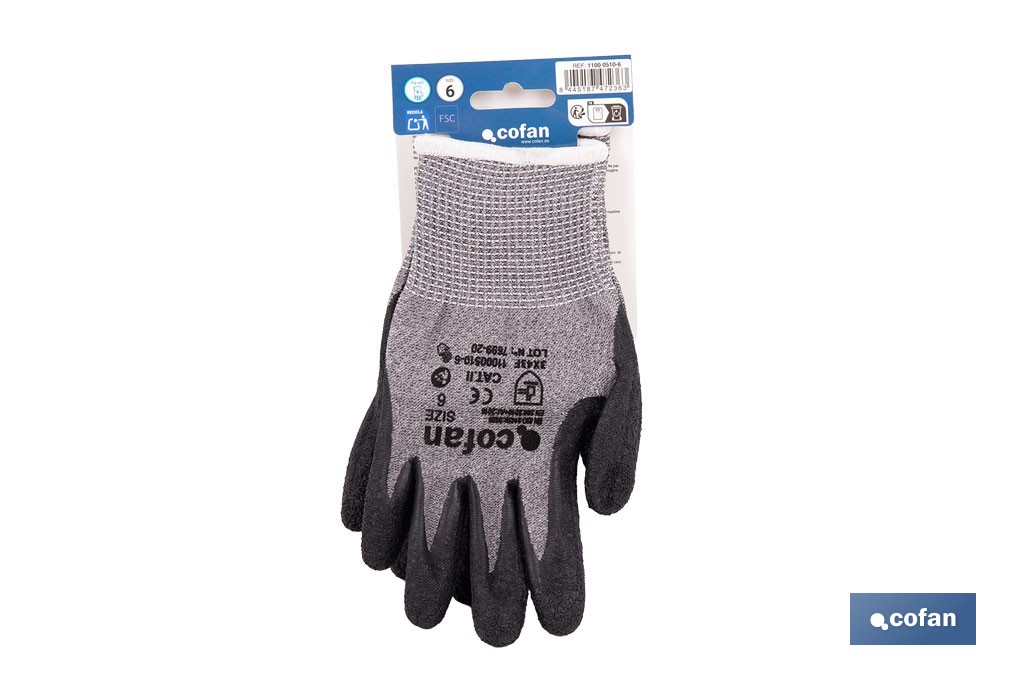 Guantes mecánicos anticorte con recubrimiento de látex rugoso | Conforme con EN 388:2016 | Disponible desde la talla 6 hasta la 10 - Cofan