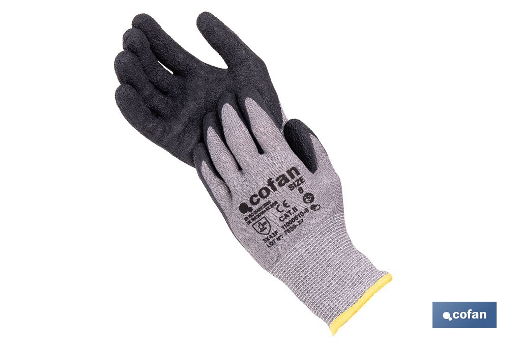 Guantes mecánicos anticorte con recubrimiento de látex rugoso | Conforme con EN 388:2016 | Disponible desde la talla 6 hasta la 10 - Cofan