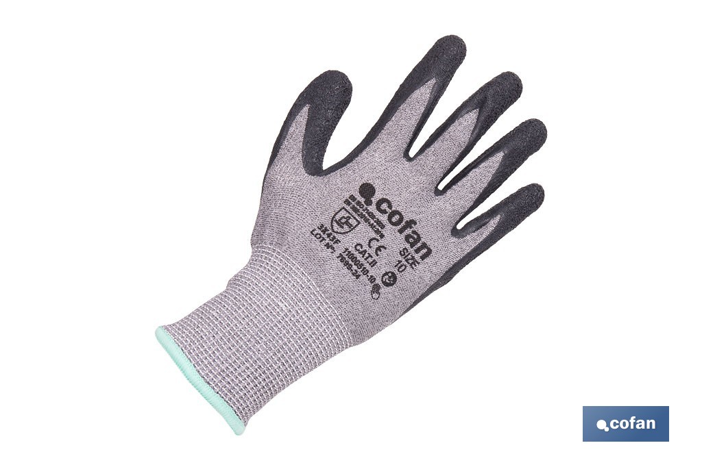 Guantes mecánicos anticorte con recubrimiento de látex rugoso | Conforme con EN 388:2016 | Disponible desde la talla 6 hasta la 10 - Cofan