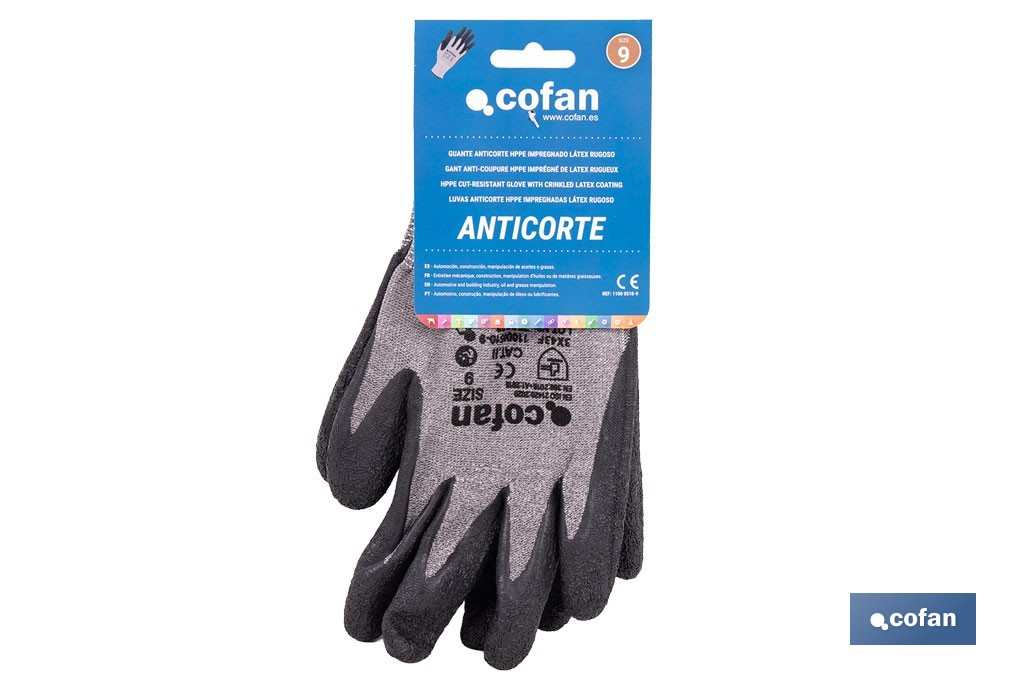 Guantes mecánicos anticorte con recubrimiento de látex rugoso | Conforme con EN 388:2016 | Disponible desde la talla 6 hasta la 10 - Cofan