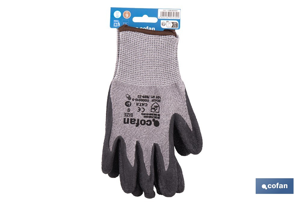 Guantes mecánicos anticorte con recubrimiento de látex rugoso | Conforme con EN 388:2016 | Disponible desde la talla 6 hasta la 10 - Cofan