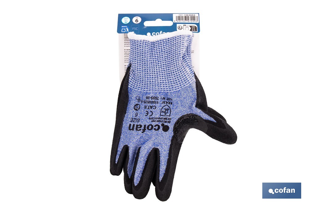 Guantes mecánicos anticorte impregnado en nitrilo Sandy Coating | Conforme con EN 388:2016 | Disponible desde la talla 6 hasta la 11 - Cofan