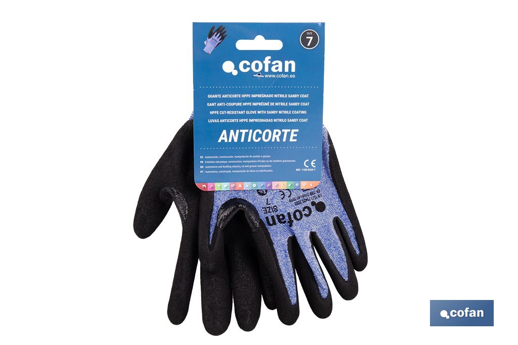 Guantes mecánicos anticorte impregnado en nitrilo Sandy Coating | Conforme con EN 388:2016 | Disponible desde la talla 6 hasta la 11 - Cofan