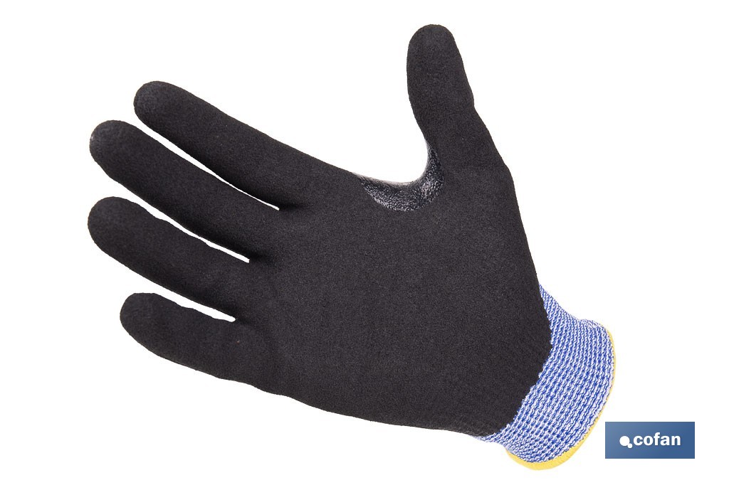 Guantes mecánicos anticorte impregnado en nitrilo Sandy Coating | Conforme con EN 388:2016 | Disponible desde la talla 6 hasta la 11 - Cofan