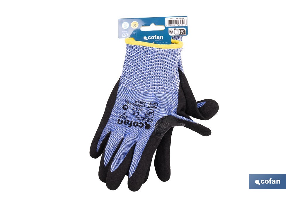 Guantes mecánicos anticorte impregnado en nitrilo Sandy Coating | Conforme con EN 388:2016 | Disponible desde la talla 6 hasta la 11 - Cofan