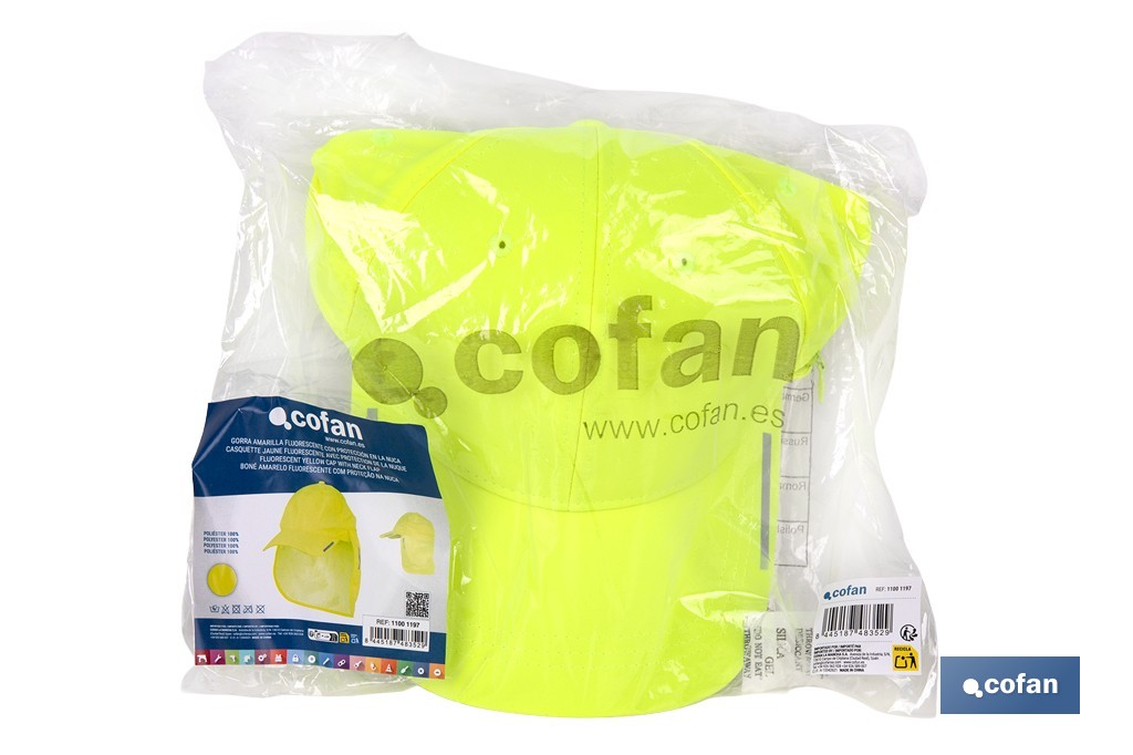 Gorra amarilla fluorescente con protección de nuca para obra, trekking y montaña - Cofan