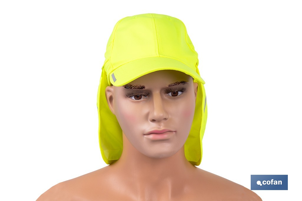 Gorra amarilla fluorescente con protección de nuca para obra, trekking y montaña - Cofan