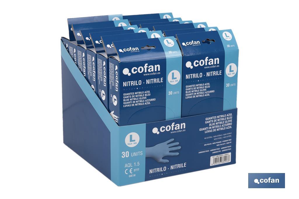 Boîte distributrice de gants en nitrile non poudrés | Boîte de 30 unités | Trois tailles différentes - Cofan
