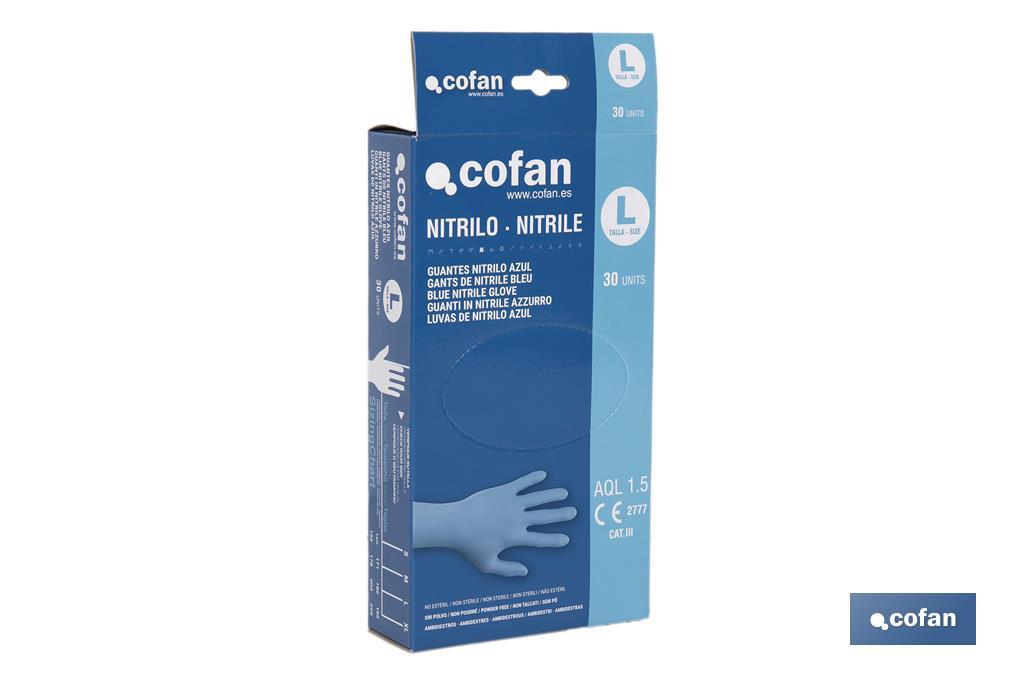 Boîte distributrice de gants en nitrile non poudrés | Boîte de 30 unités | Trois tailles différentes - Cofan