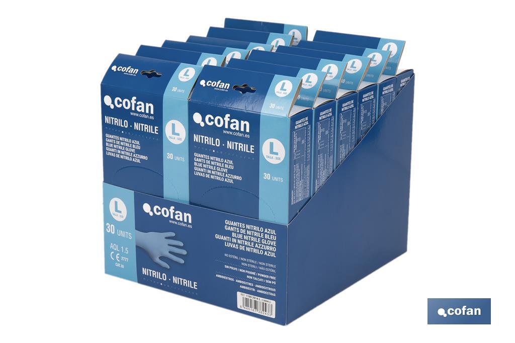 Boîte distributrice de gants en nitrile non poudrés | Boîte de 30 unités | Trois tailles différentes - Cofan