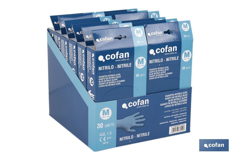 Boîte distributrice de gants en nitrile non poudrés | Boîte de 30 unités | Trois tailles différentes - Cofan
