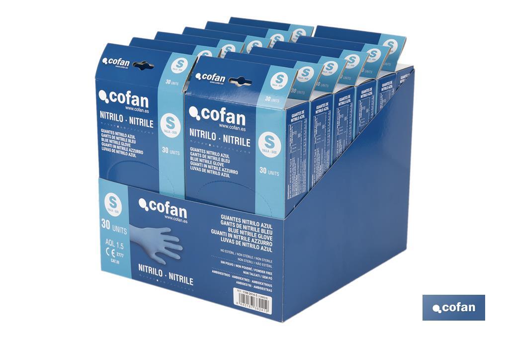Boîte distributrice de gants en nitrile non poudrés | Boîte de 30 unités | Trois tailles différentes - Cofan
