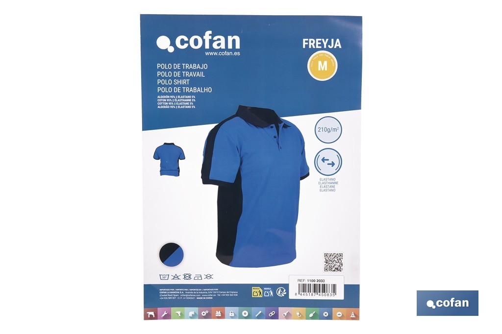 Polo de trabajo modelo Freyja en azul y negro | Cómodo y transpirable con cierre de 3 botones | Materiales: 95 % algodón y 5 % elastano | Disponible desde la talla S hasta la XXXL - Cofan