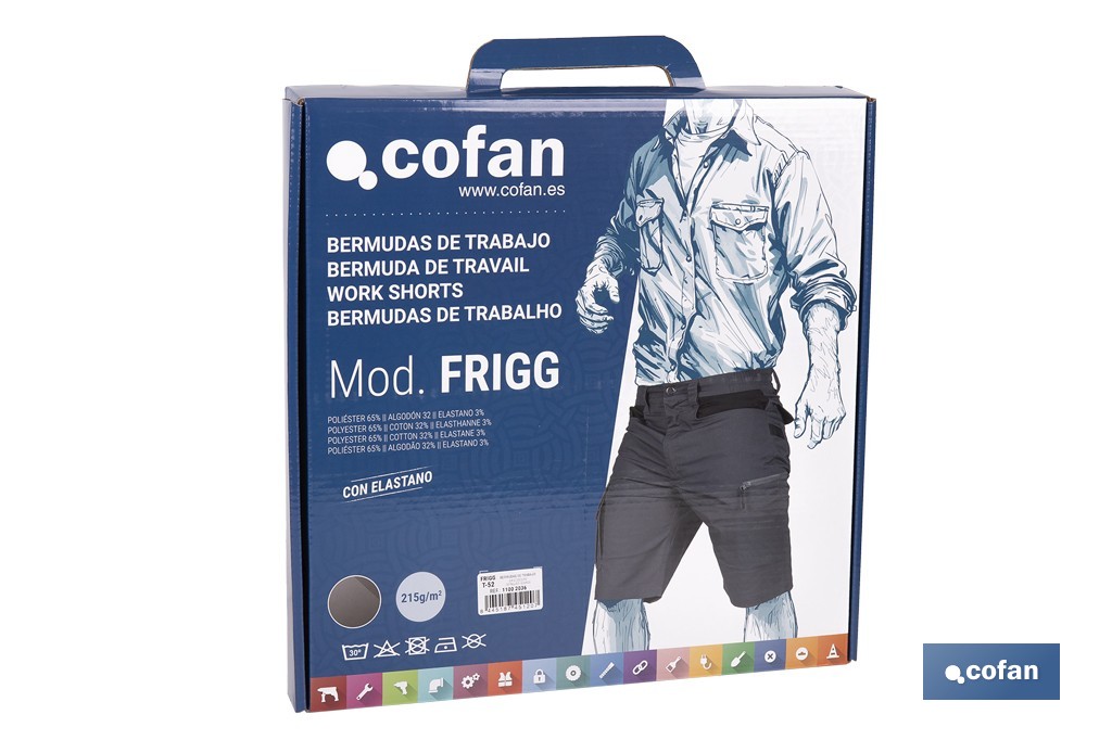 Bermudas de trabajo modelo Frigg en gris y negro | Elásticas, ligeras con múltiples bolsillos y protección lumbar| Materiales: 65 % poliéster y 32 % algodón | Disponibles en amplio rango de tallas - Cofan