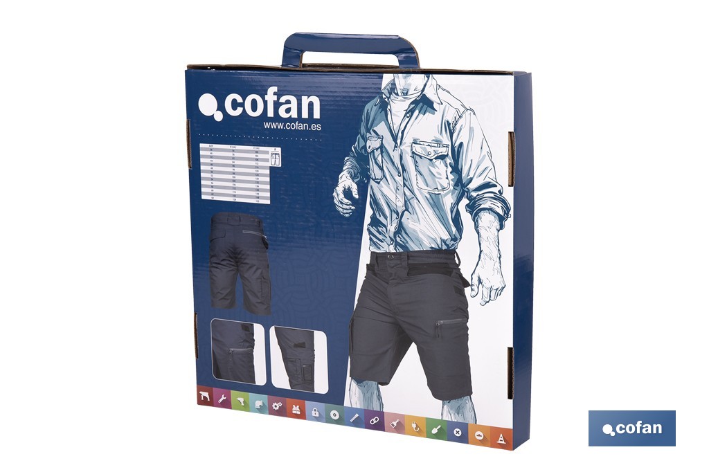 Bermudas de trabajo modelo Frigg en gris y negro | Elásticas, ligeras con múltiples bolsillos y protección lumbar| Materiales: 65 % poliéster y 32 % algodón | Disponibles en amplio rango de tallas - Cofan