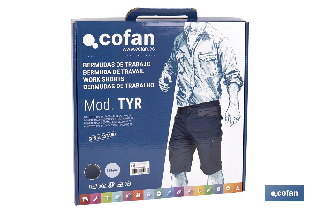 Bermudas de trabajo modelo Tyr en azul marino y negro | Elásticas, ligeras con múltiples bolsillos y protección lumbar| Materiales: 65 % poliéster y 32 % algodón | Disponibles en amplio rango de tallas - Cofan