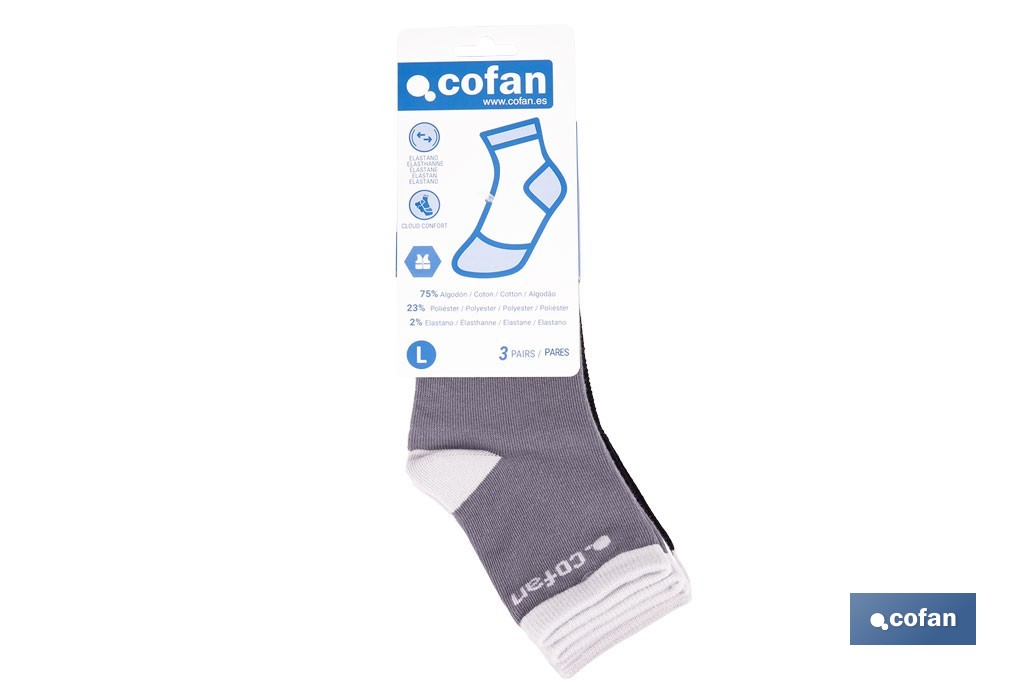 Set de 3 pares de calcetines unisex de algodón | Caña media | Negro, blanco y gris | Disponible en dos rangos de tallas - Cofan