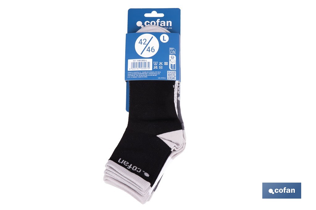 Set de 3 pares de calcetines unisex de algodón | Caña media | Negro, blanco y gris | Disponible en dos rangos de tallas - Cofan