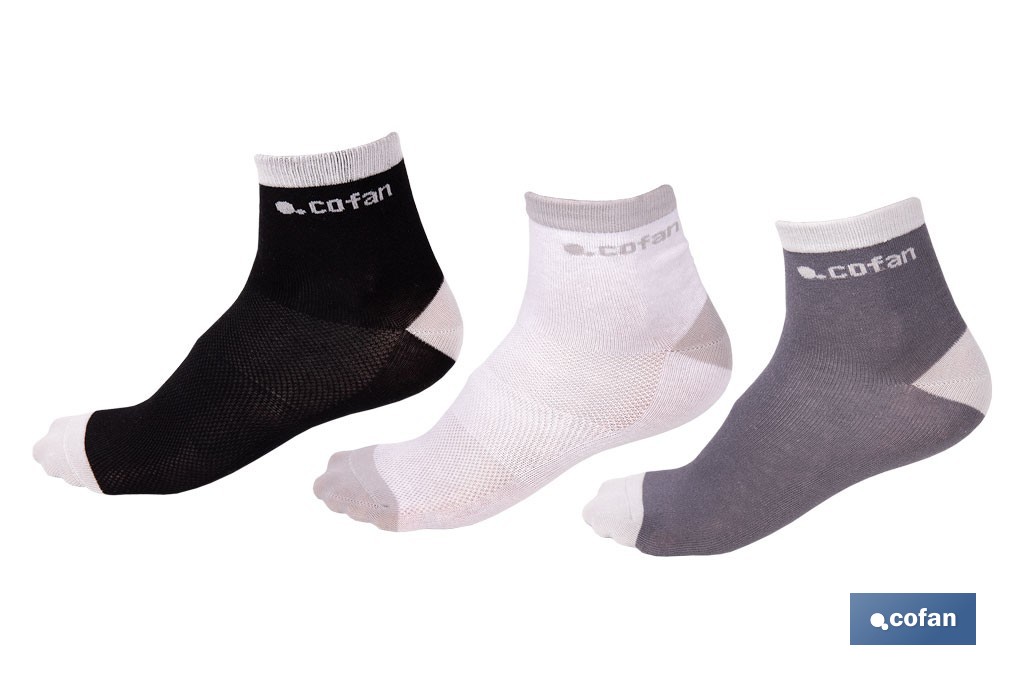 Set de 3 pares de calcetines unisex de algodón | Caña media | Negro, blanco y gris | Disponible en dos rangos de tallas - Cofan