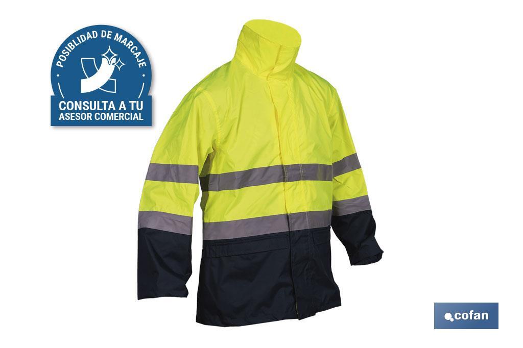 Veste de pluie à haute visibilité avec fermeture éclair | Couleur : Jaune et bleu | Disponible de la taille S à la XXXL - Cofan