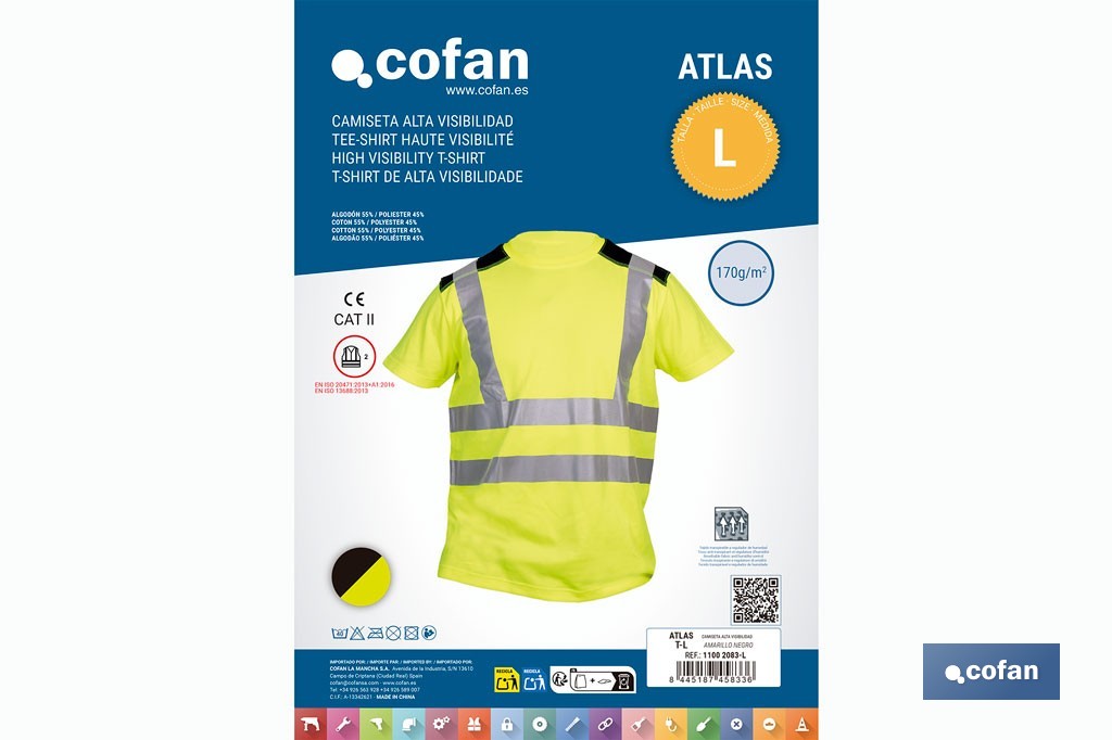 Camiseta de alta visibilidad modelo Atlas | Color: amarillo y negro | Bandas reflectantes | Clase 2 EN ISO 20471 | Disponible desde la talla S hasta la XXXL - Cofan