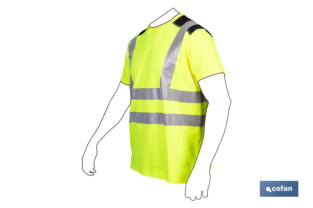 Camiseta de alta visibilidad modelo Atlas | Color: amarillo y negro | Bandas reflectantes | Clase 2 EN ISO 20471 | Disponible desde la talla S hasta la XXXL - Cofan