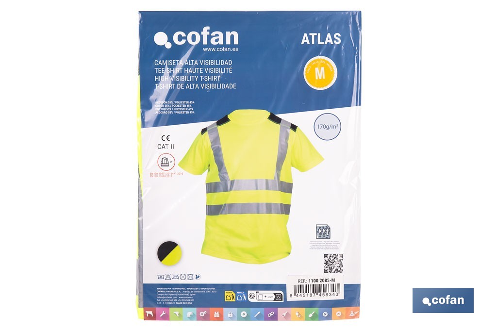 Camiseta de alta visibilidad modelo Atlas | Color: amarillo y negro | Bandas reflectantes | Clase 2 EN ISO 20471 | Disponible desde la talla S hasta la XXXL - Cofan