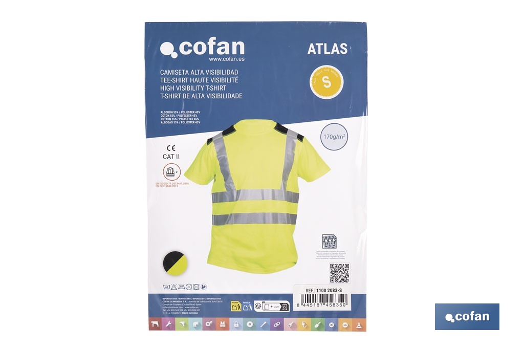 Camiseta de alta visibilidad modelo Atlas | Color: amarillo y negro | Bandas reflectantes | Clase 2 EN ISO 20471 | Disponible desde la talla S hasta la XXXL - Cofan