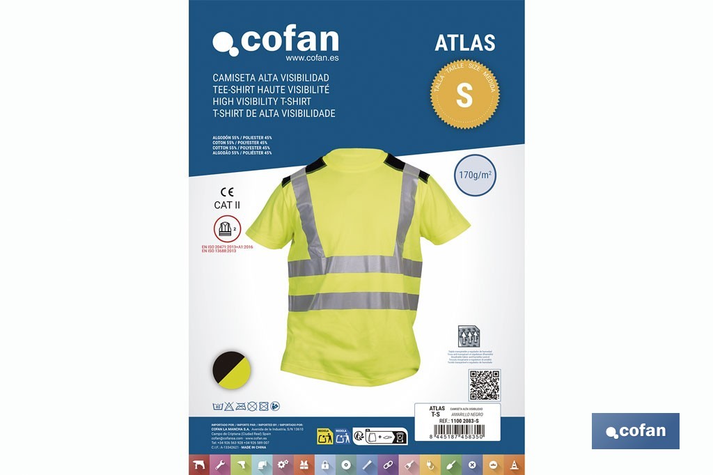 Camiseta de alta visibilidad modelo Atlas | Color: amarillo y negro | Bandas reflectantes | Clase 2 EN ISO 20471 | Disponible desde la talla S hasta la XXXL - Cofan