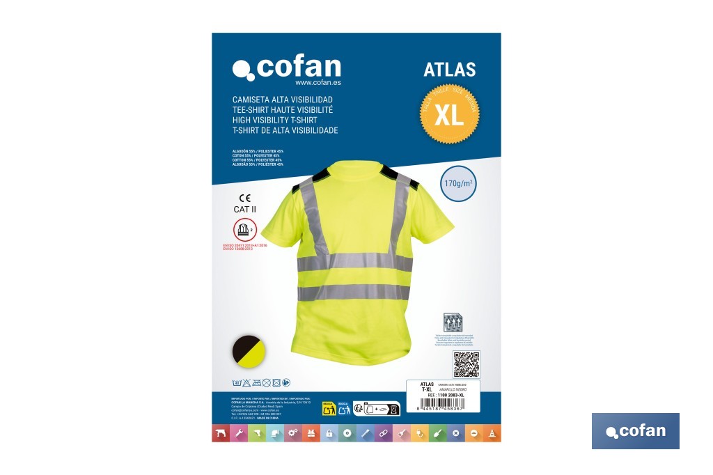 Camiseta de alta visibilidad modelo Atlas | Color: amarillo y negro | Bandas reflectantes | Clase 2 EN ISO 20471 | Disponible desde la talla S hasta la XXXL - Cofan