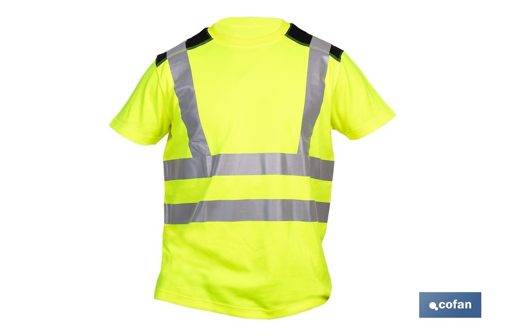 Camiseta de alta visibilidad modelo Atlas | Color: amarillo y negro | Bandas reflectantes | Clase 2 EN ISO 20471 | Disponible desde la talla S hasta la XXXL - Cofan