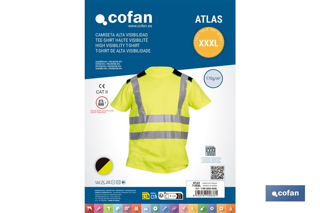 Camiseta de alta visibilidad modelo Atlas | Color: amarillo y negro | Bandas reflectantes | Clase 2 EN ISO 20471 | Disponible desde la talla S hasta la XXXL - Cofan