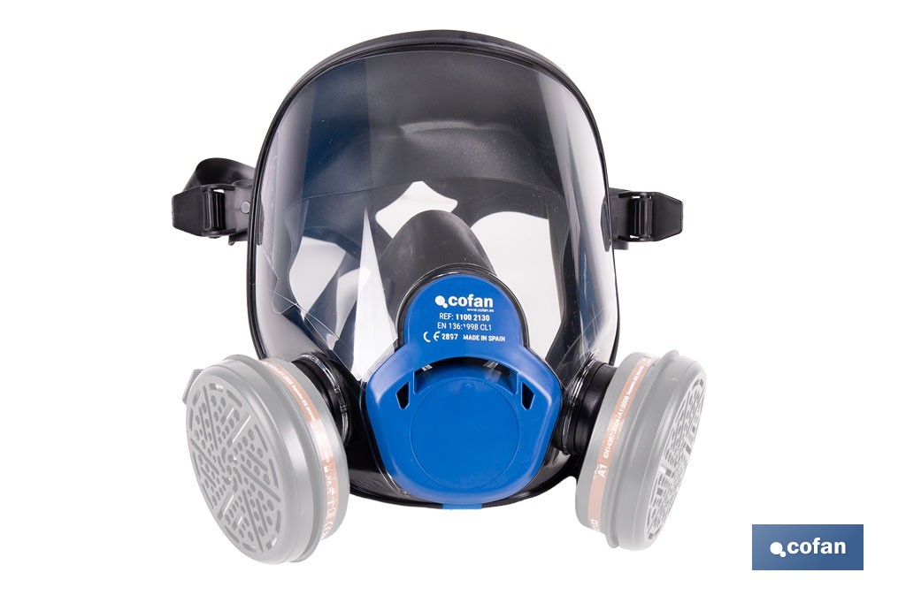 Máscara completa Clase 1 para doble filtro lateral y visor de alta protección | Filtros no incluidos | Conforme con la normativa EN 136 y EN 166 - Cofan