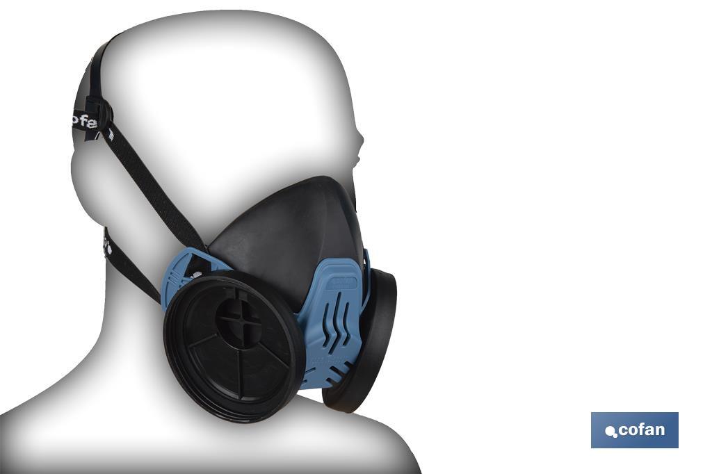 Demi-masque | Pour deux filtres de protection interchangeables | Bandes de fixation | Protection contre les gaz, vapeurs et particules dangereux | Conforme à EN 140:1998 - Cofan